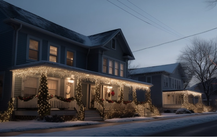House in winter with outdoor landscape lighting, creating a warm and inviting ambiance in GTA