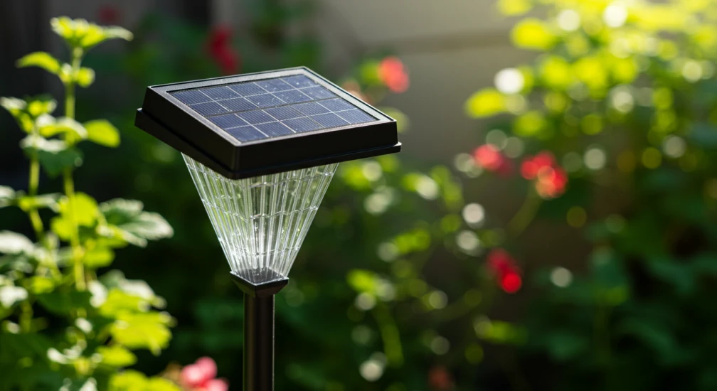 Close-up of a solar-powered garden light with a visible solar panel on top, installed in a landscaped backyard in Brampton, GTA, emitting a soft glow at dusk.