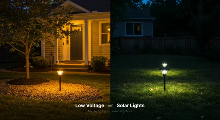 Side-by-side comparison of low voltage vs solar landscape lighting at a GTA home, left side brightly lit with professional low voltage LED path and tree lights, right side softly lit with dim solar garden lights at night.