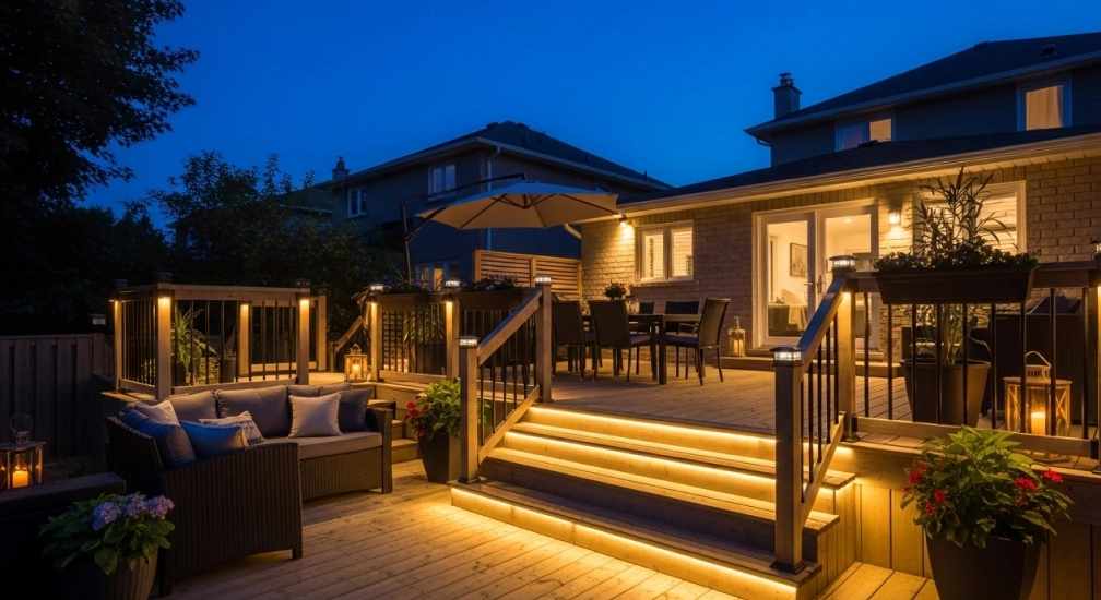 Multi-level backyard deck in the GTA softly lit with warm LED perimeter lights, downlights over a dining area, and step lights creating a cozy summer atmosphere.