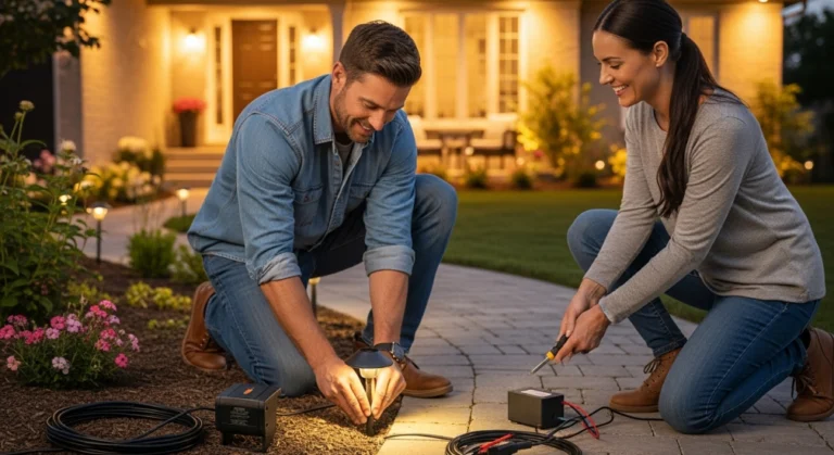 Homeowner in Brampton installing landscape lighting outside his house with his wife helping, showing a DIY low-voltage setup