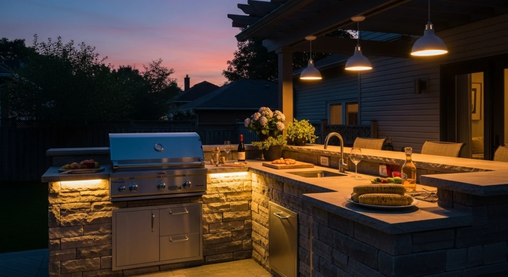 Toronto backyard outdoor kitchen with warm LED task lighting over grill and counter area for safe and stylish evening cooking.