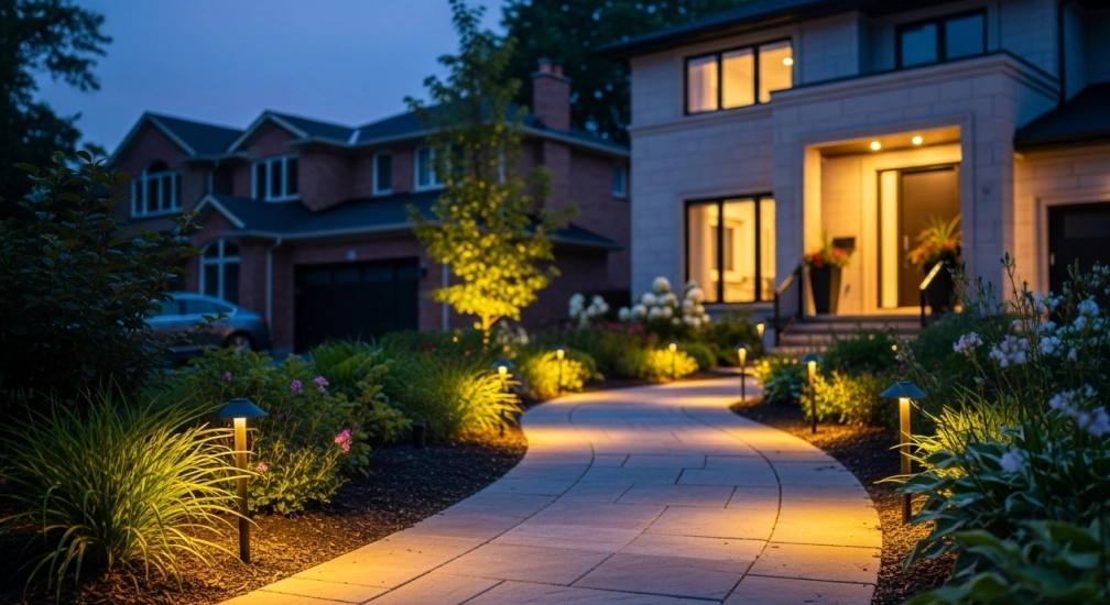 Warm LED pathway lighting along a garden walkway in a Toronto backyard during summer evening