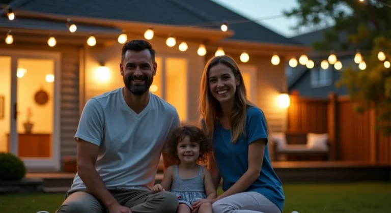 Warmly lit backyard in the Greater Toronto Area featuring string lights, pathway lighting, and a family enjoying summer evening outdoors.