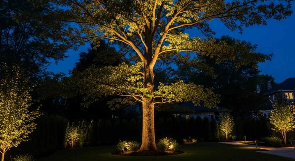 Tall mature tree in a Toronto backyard dramatically lit with warm LED uplights at night, creating striking shadows and visual height in the landscape design.