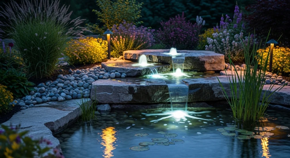 Backyard water feature in the GTA illuminated with underwater lighting, creating a relaxing, spa-like atmosphere during summer evenings.