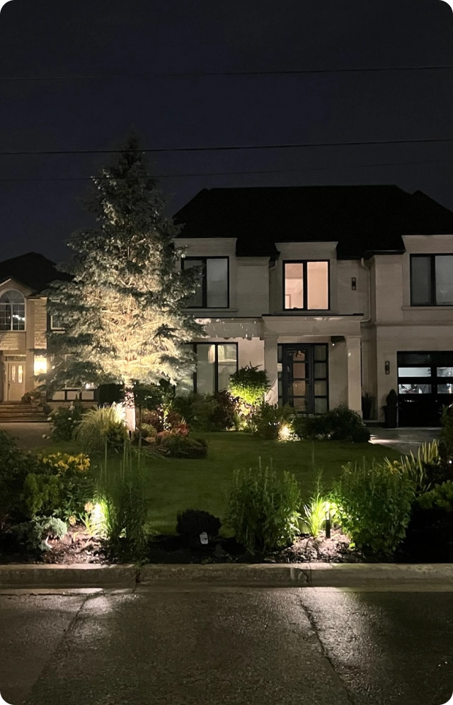 landscape outdoor lighting installed at a Mississauga home at night