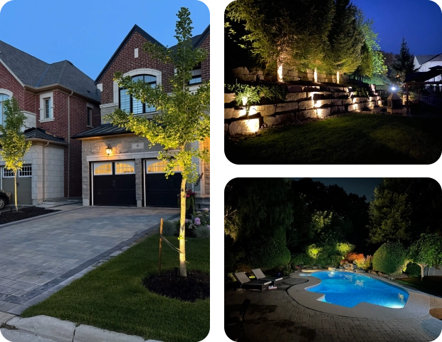 Examples of residential outdoor spot lighting including facade, garden, and backyard installations across GTA homes
