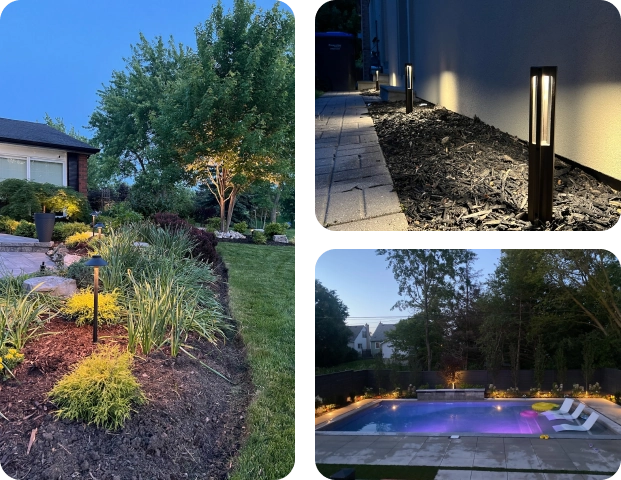 Pathway lighting examples across Toronto properties — garden path lights, bollard lights and poolside walkway lighting by BD Lights