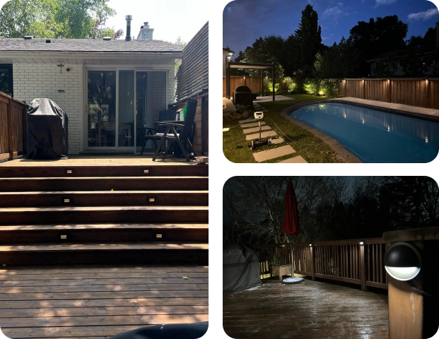 Deck and patio lighting examples — stair riser lights, poolside pathway lighting and deck post lighting at a Toronto property — BD Lights
