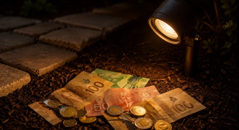 Canadian dollars on interlocking stone next to a landscape lighting fixture — cost of professional landscape lighting in Toronto