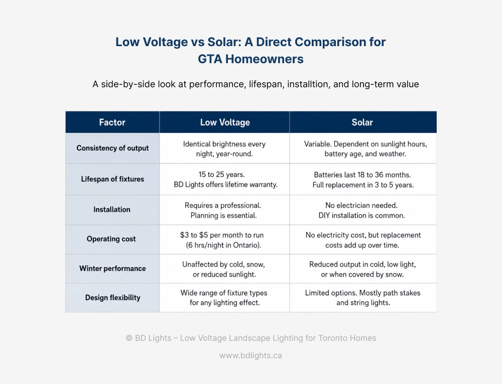 Low voltage vs solar lighting comparison chart for GTA homes highlighting long-term value and performance differences