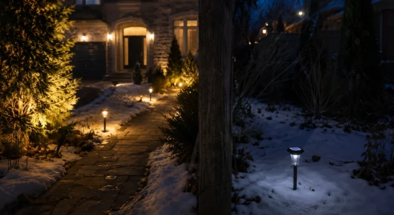 Low voltage vs solar landscape lighting comparison at a Toronto home in winter showing brightness and performance difference